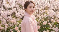 Young Asian woman in pink sweater smiling among blooming cherry blossom flowers in spring garden. Natural beauty portrait for lifestyle and seasonal content.