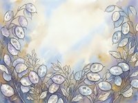 Watercolor illustration of delicate flowering plants with translucent petals in soft purple and blue tones, featuring botanical elements arranged as a decorative border frame.