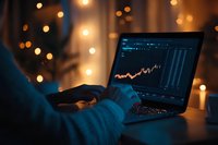 Person analyzing financial market data on laptop with stock chart in dark room illuminated by warm bokeh lights and candles creating cozy atmosphere.