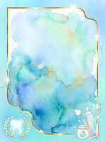 Watercolor dental care background with gold frame border, tooth icon, and cosmetic products on turquoise surface, isolated design for dentistry marketing and healthcare branding.