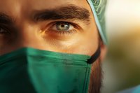 Close-up portrait of medical professional wearing surgical mask and cap, focusing on expressive brown eyes and intense gaze against blurred background.