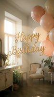 Happy Birthday gold script lettering with pastel pink and cream balloons in a bright, elegant room with soft natural light.