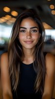 Young Hispanic woman with long brown hair smiling warmly at camera in modern restaurant setting with bokeh lights creating atmospheric background.