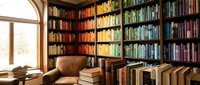 Cozy home library with floor-to-ceiling bookshelves filled with colorful books, leather armchair, and natural window light for reading and study.