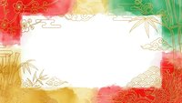 Colorful watercolor frame with golden Asian ornamental elements and traditional patterns on white background for festive design projects.