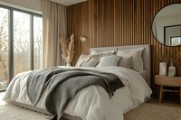 Cozy modern bedroom with wooden slat wall, white bedding, gray knit throw blanket, pampas grass decor, round mirror, and natural light from large window.