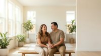 Mature couple sitting together on wooden bench in bright sunlit room with potted plants, holding hands, smiling at each other. Use for relationship, home, lifestyle, wellness, and family content.