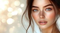 Young woman with freckles and blue eyes against blurred golden bokeh background, natural glowing skin and loose brown hair framing face in soft beauty portrait.