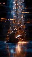 Silhouetted man reading book under magical light stream with glowing particles and reflections on dark water surface, creating mystical atmosphere.