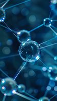 Abstract molecular structure with connected transparent spheres on blue background, representing network technology or scientific research.