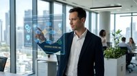 Man in business attire interacting with digital interface displaying technology icons in modern office environment with city skyline view and colleagues working in background.