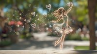 Ethereal ballerina silhouette dancing with glowing heart shapes against blurred natural background, magical fantasy art style with bokeh light effects and dreamy atmosphere.