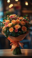 Elegant bouquet of peach roses and pink daisies wrapped in coral paper with satin bow, arranged with fresh greenery against dark bokeh background on wooden surface.