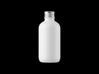 White cosmetic bottle with silver screw cap isolated on transparent background, ready for product packaging design, labels, mockups, and print-on-demand applications.