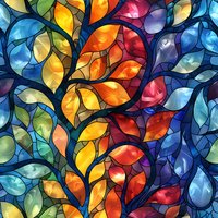 Vibrant stained glass pattern with colorful leaves in blue, orange, red, and green hues creating a seamless mosaic design. Repeats seamlessly for wallpaper and fabric.