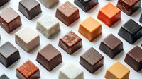 Assorted chocolate and caramel confections arranged in neat rows on white background, showcasing variety of flavors and textures for bakery, dessert, and culinary design projects.