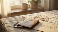 Worn leather passport cover with boarding passes, glasses, and holiday card on linen surface in warm sunlight, travel preparation concept.