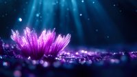 Magical purple crystal flower blooming underwater with ethereal light rays and sparkling particles creating mystical fantasy atmosphere.
