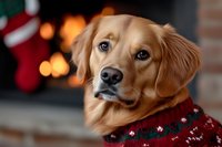 Golden Retriever wearing festive winter sweater poses near fireplace with Christmas stocking in background, creating cozy holiday atmosphere with bokeh lights.