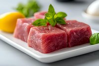 Fresh raw beef steaks garnished with basil leaves and lemon on white ceramic plate against gray background, close up view of premium meat cuts.