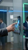 Businessman hand touching futuristic digital touchscreen interface with growth chart and data analytics in modern smart office environment.