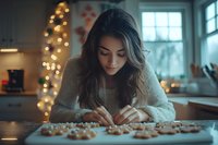Young Hispanic woman in cozy sweater decorating Christmas cookies at home kitchen counter with festive bokeh lights and winter window in background.