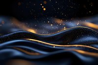 Abstract dark waves with glowing golden particles and sparkles against black background create luxurious flowing design for elegant backgrounds.