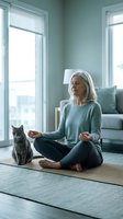 Senior Caucasian woman meditating in lotus pose on yoga mat at home, gray cat beside her, calm living room interior.