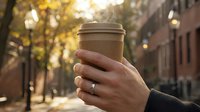 Person holding takeaway coffee cup on urban street with autumn foliage and brick buildings, lifestyle beverage concept for cafes and morning routines.