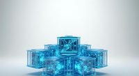 Stacked translucent blue cubes with digital circuit patterns and glowing data networks inside, isolated on white background for tech design projects.