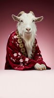White goat wearing traditional red silk robe with gold coins and cherry blossoms on gradient background for lunar new year celebration.