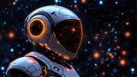 Futuristic astronaut suit with glowing orange visor against starry space background, detailed armor design with technological elements and ambient lighting effects.