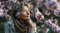 Mature Caucasian woman with gray hair enjoying peaceful moment among blooming cherry blossoms in spring garden, looking up with serene expression and gentle smile.