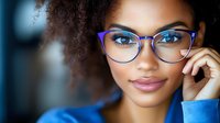 Young African American woman with natural curly hair wearing stylish blue cat eye glasses and blue sweater smiling confidently at camera in soft lighting.