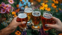 Friends toasting with craft beer glasses outdoors surrounded by colorful wildflowers during golden hour celebration gathering in garden setting.