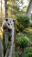 Young opossum perched on wooden fence post in suburban backyard garden with soft morning sunlight filtering through green foliage creating natural wildlife habitat scene.