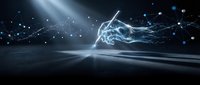 Digital network hand reaching toward light beam with glowing particles and connections on dark futuristic background for technology concepts.