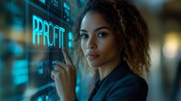 Young mixed race businesswoman analyzing financial data on futuristic transparent screen with profit text in neon blue light, corporate office setting.