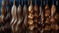 Assorted brown and blonde hair extensions displaying natural wavy texture and various shades from dark brunette to honey blonde, arranged in parallel rows.