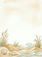 Coastal sand border with seashells, seaweed, and gentle waves in watercolor style. Isolated design element on cream background, ready for invitations, stationery, and coastal-themed projects.