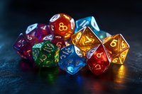 Colorful translucent polyhedral dice for tabletop gaming arranged on dark background with dramatic lighting, showing numbers and geometric shapes for role-playing games.