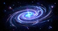 Spiral galaxy with glowing purple and blue arms swirling through deep space filled with bright stars and cosmic dust against dark universe background.