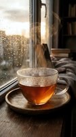 Steaming glass tea cup on wooden saucer by rainy window with warm golden sunlight creating cozy atmosphere for relaxation and comfort at home.