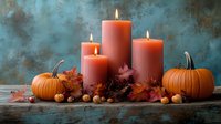 Autumn decoration with burning coral candles, pumpkins, fall leaves and acorns on rustic wooden table against moody teal background. Seasonal arrangement.