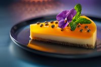 Elegant passion fruit cheesecake slice garnished with fresh mint leaves, edible purple pansy flower and chocolate pearls on dark ceramic plate against blurred background.