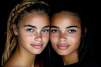 Two young women with braided hairstyles posing together in close friendship portrait against dark background for lifestyle and relationship concepts.