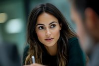 Young Mediterranean woman with long dark hair and natural makeup listening intently during business conversation, wearing dark green sweater against blurred background.