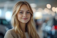 Young blonde woman with blue eyes and gentle smile wearing beige sweater against blurred bokeh background, natural daylight portrait with soft focus effect.