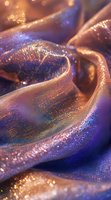 Shimmering waves of luxurious fabric in rose gold and deep blue tones create an ethereal abstract background with sparkling bokeh effects and metallic reflections.