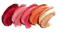 Colorful lipstick smears in warm tones from deep burgundy to nude beige isolated on white background for cosmetic and beauty design projects.